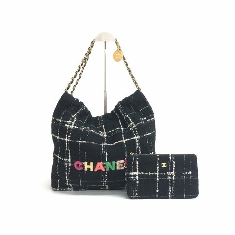 Chanel 黑色 22K 22bag 毛呢 中號 晶片 肩背包