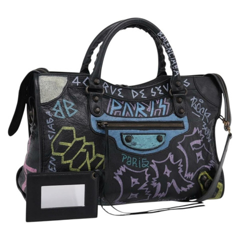 Balenciaga The City Graffiti 手提包 黑色皮革 115748 正品 BA15876M
