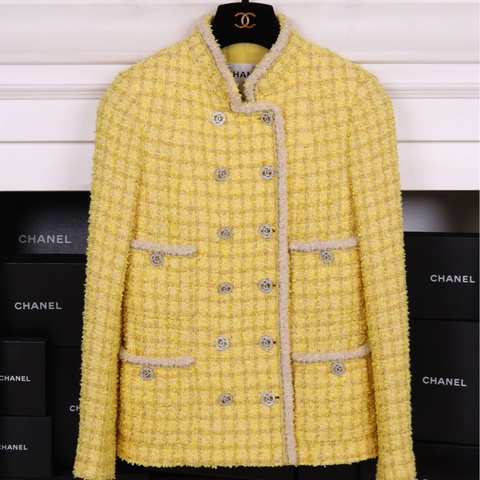 Chanel 20P小鸡黄细闪格纹双排扣上衣外套