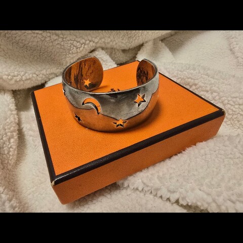 稀有Hermès 月亮星星 925純銀寬版手環
