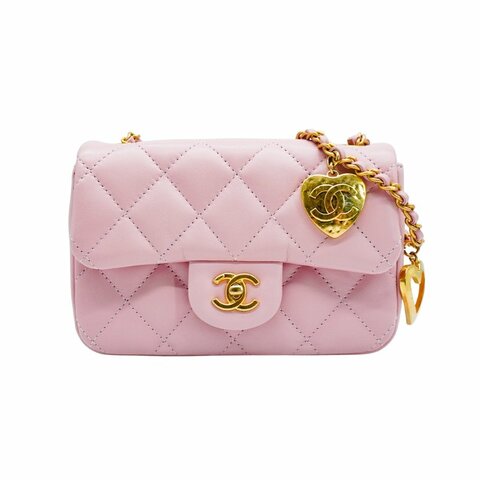 Chanel 羊皮霧金金屬愛心鍊帶迷你斜背口蓋包(AS3456-淡粉)