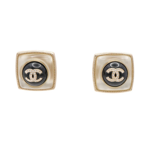 CHANEL 香奈兒 CC 方形耳環 金色鍍金 水鑽