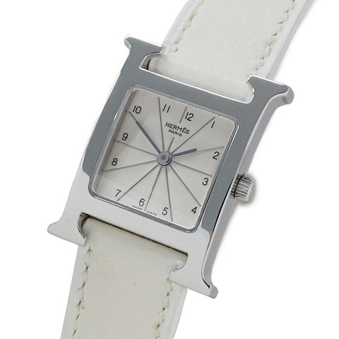 愛馬仕 (Hermes) 女士腕錶 H-Watch 石英 QZ 不鏽鋼 SS 皮革 HH1.210 銀白色 □G
