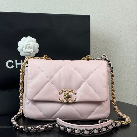 Chanel 香奈兒 19bag 中号包 金扣 鴛鴦鏈條 手提單肩斜挎包 粉色 芯片