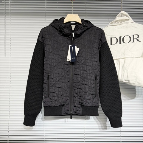 DIOR 迪奧 夾克 外套 XS碼 SS26 oblique 老花滿印 針織拼接 滌綸棉混紡 連帽 黑色