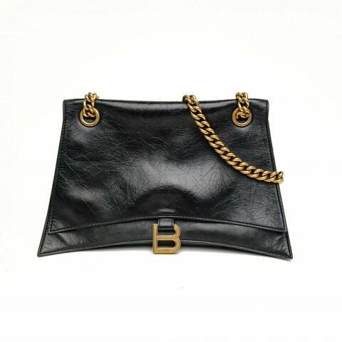 BALENCIAGA CRUSH沙漏復古做舊手提單肩包中號黑色牛皮革金扣肩背包