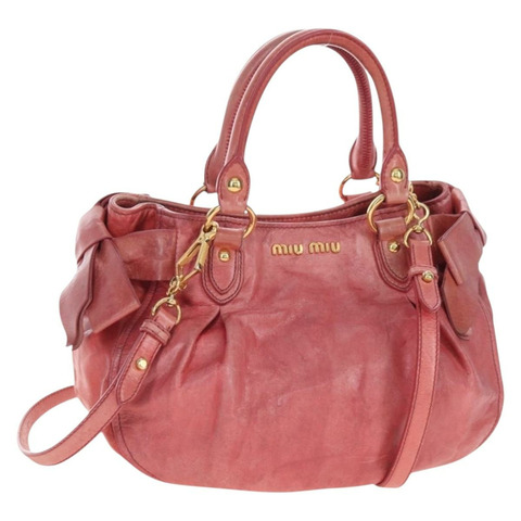 Miu Miu 側邊絲帶手提包 皮革 2way 粉紅色金色 Auth am12586V