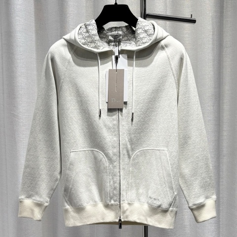 DIOR 迪奧 衛衣外套 S碼 內里滿印logo 字母刺繡小logo 抽繩 連帽 拉鍊 棉山羊絨混紡 白色