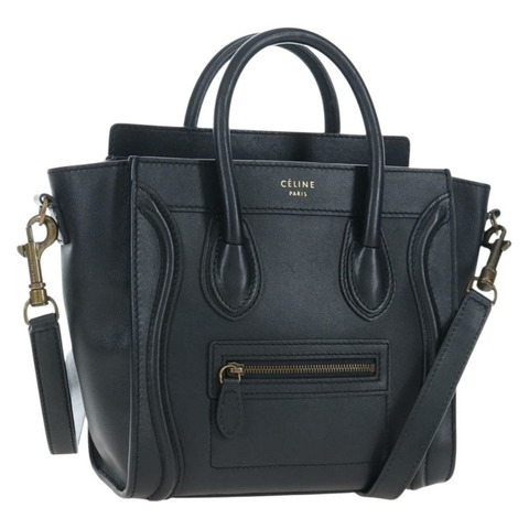 CELINE Luggage Micro Shopper 手提包 皮革 2way 黑色 金色 Auth 205995V