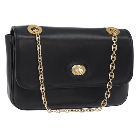 GUCCI 鏈條單肩包 皮革 黑色 金色 576421 正品 LN033V