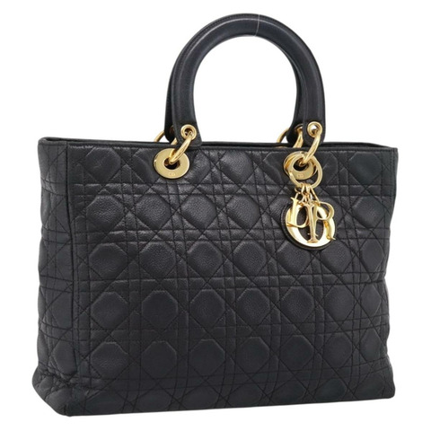 Christian Dior Lady Dior Canage 手提包，黑色皮革，金色飾邊，正品 207288A