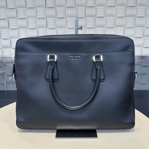 Prada 普拉達男士公文包 黑色經典十字紋牛皮缺肩帶