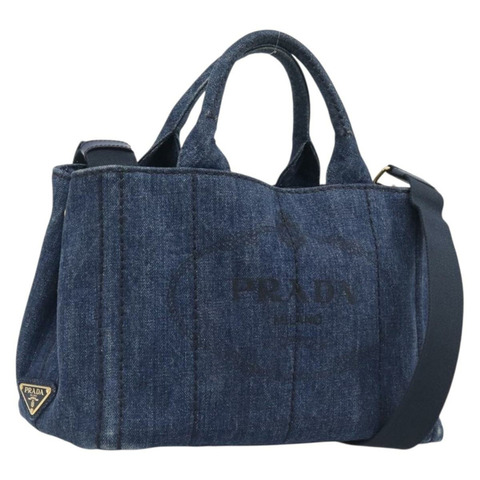 PRADA Canapa 手提包 牛仔布 2way 藍金 Auth 209488V