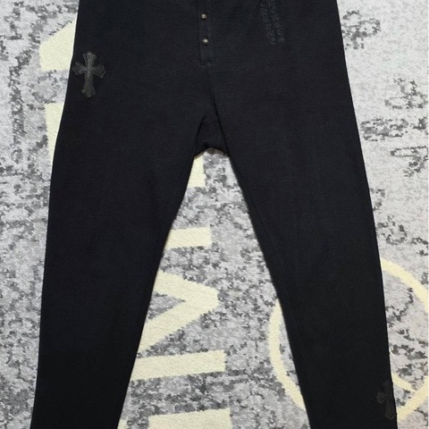 CHROME HEARTS 棉質黑十字貼皮長褲/L