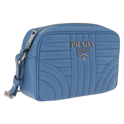 PRADA 鏈條單肩包 皮革 淺藍色 銀色 正品 213060M