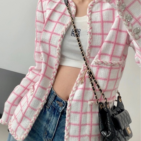 CHANEL香奈兒  23C 小香風格紋軟尼短款 夾克外套 女款 粉色