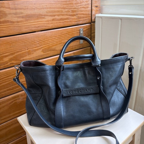 LONGCHAMP 3D 仿舊小牛皮手提／斜背托特包，深藍色
