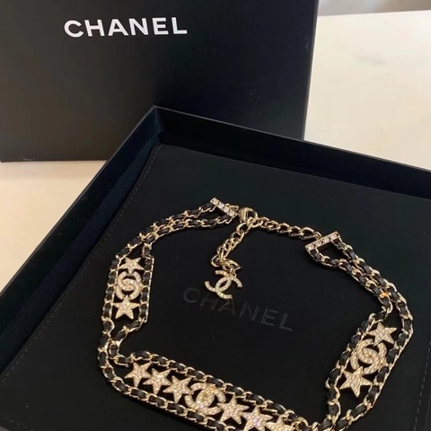 Chanel｜專櫃正品 滿鑽星星雙C皮穿鏈choker項鍊