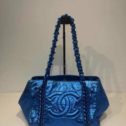 Chanel 電光藍滾邊鏈條托特包 鏈條手提肩背包 33*22*11cm 98新配件保卡 塵袋